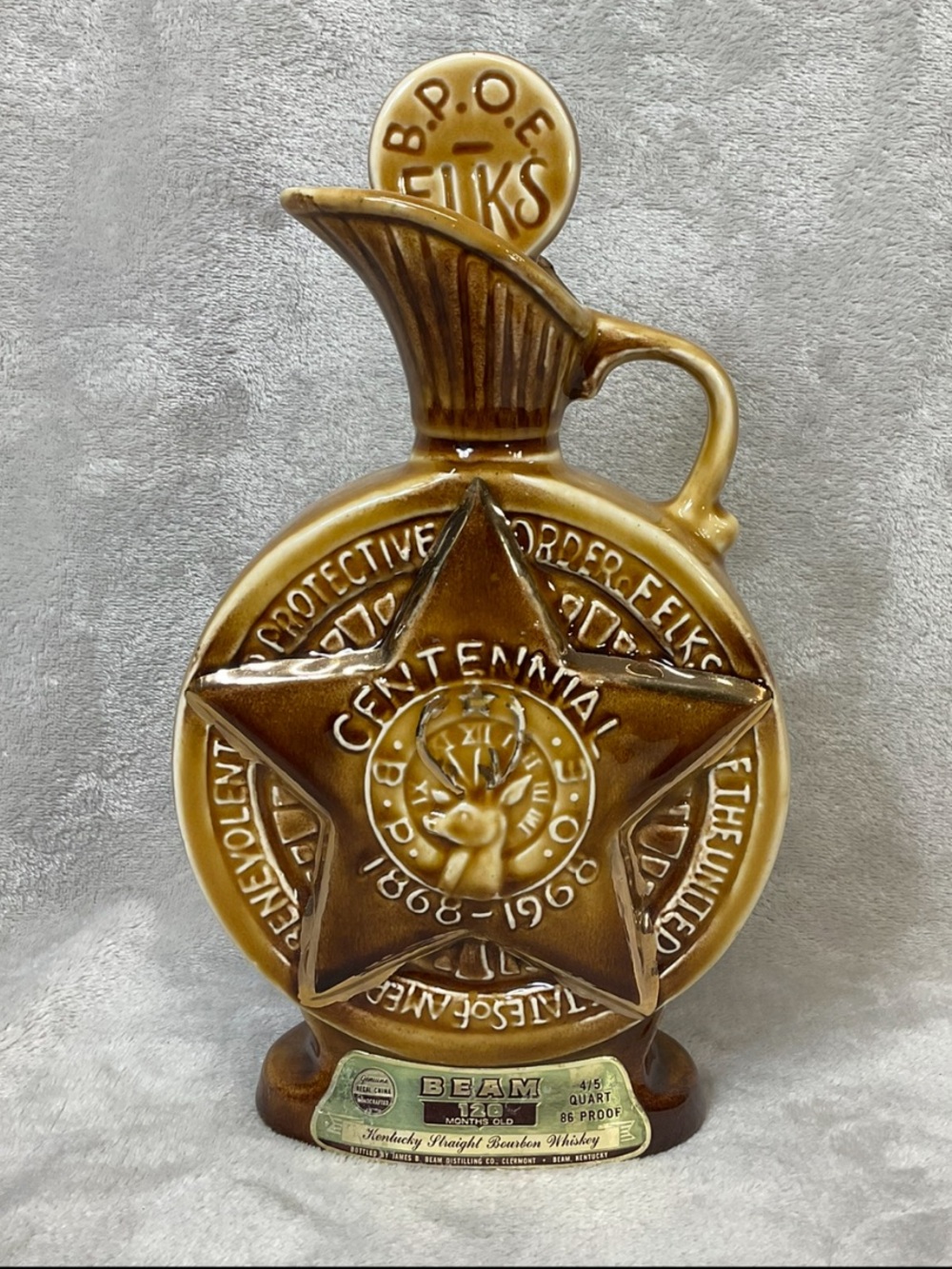 1968 Vtg Jim Beam BPOE Elks Centennial Bourbon Whiskey Decanter